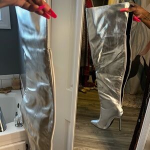PrettyLittleThing Metallic Silver Over-the-Knee Boots